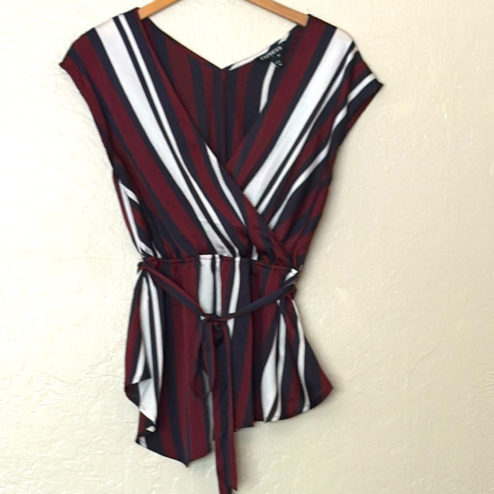 Express Sleeveless Stripped Blouse Burgundy-White-Blue wrap around Size M